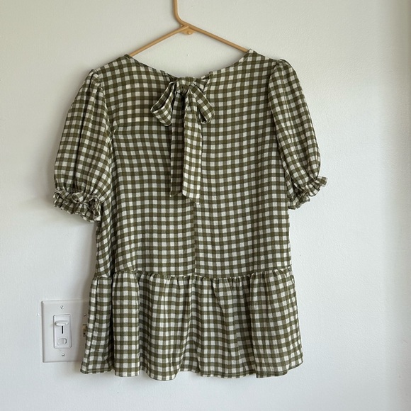 NWT Olive Green Gingham Short Sleeve Top Preppy Cottagecore Large Fairycore Boho - Picture 3 of 6